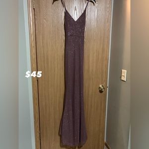 Long sparkly rose colored dress from Windsor wore to wedding as a bridsemaid